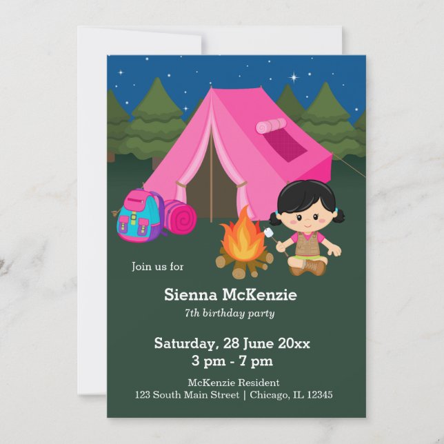 Invitación Chica de cumpleaños de camping (Anverso)