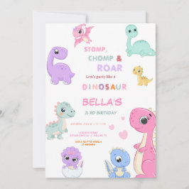 Invitación Chica de cumpleaños de Dinosaur Stomp Chomp Rawr F