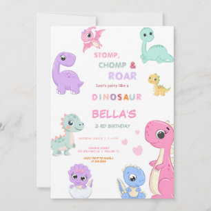 Invitación Chica de cumpleaños de Dinosaur Stomp Chomp Rawr F