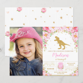 Invitación Chica de cumpleaños de dinosaurios florales T-Rex 