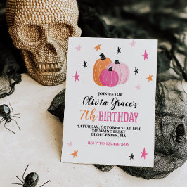 Invitación Chica de cumpleaños de Halloween Calabazas rosadas