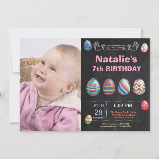 Invitación Chica de cumpleaños de Pascua Foto de Huevo de Pas (Anverso)