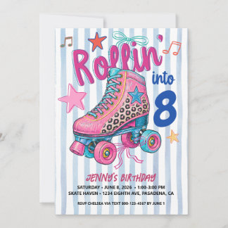 Invitación Chica de cumpleaños de patinaje sobre ruedas retro