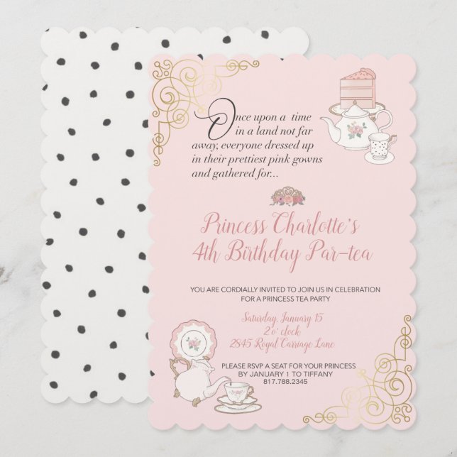 Invitación Chica de cumpleaños de Princesa Fiesta de té (Anverso / Reverso)