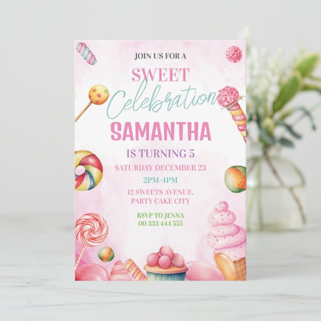 Invitación Chica de cumpleaños de Sweet Candy (Anverso de pie)