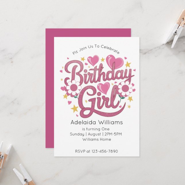 Invitación Chica de cumpleaños de Unicorn (Anverso/Reverso In Situ)