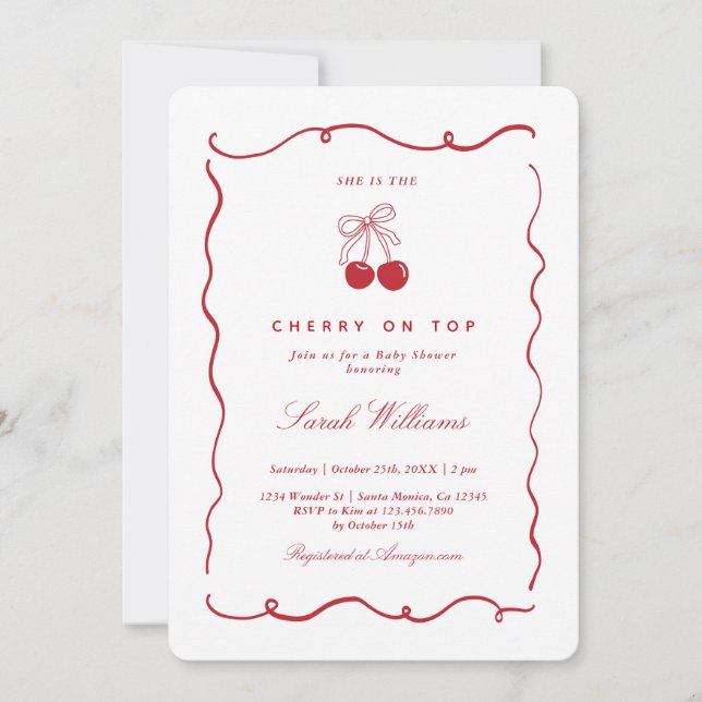 Invitación Chica de Cumpleaños de Whimsical Cherry on Top (Anverso)