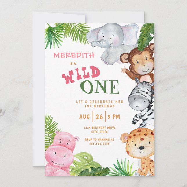 Invitación Chica de cumpleaños de Wild One Jungle Safari (Anverso)