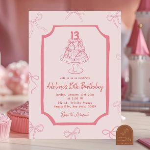 Invitación Chica de cumpleaños del pastel de vaca rosado dibu