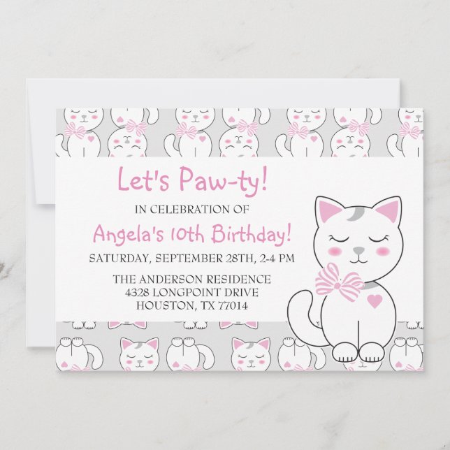 Invitación Chica de cumpleaños del patrón de gato (Anverso)