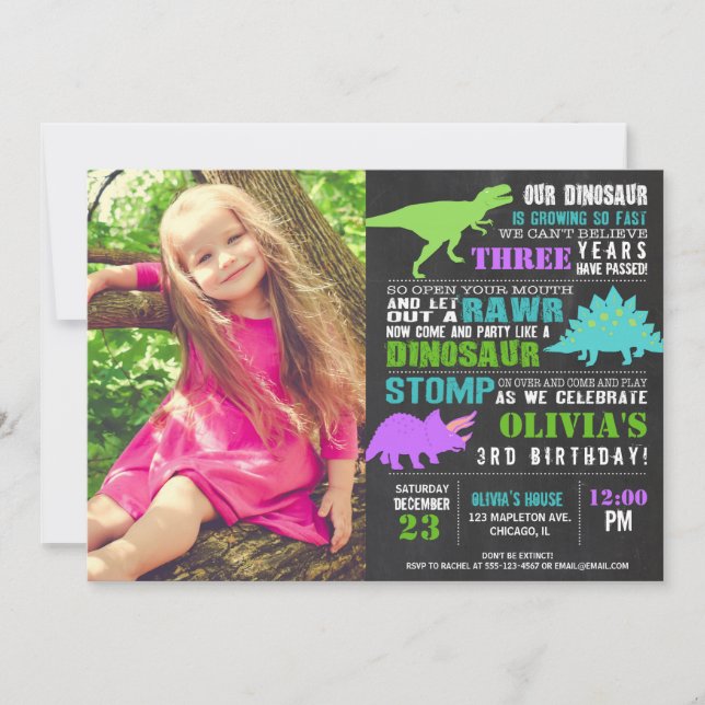 Invitación Chica de cumpleaños Dinosaur foto de pizarra (Anverso)