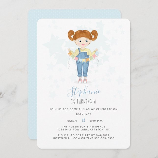 Invitación Chica de cumpleaños en Overalls Redhead (Anverso / Reverso)