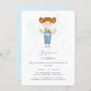 Invitación Chica de cumpleaños en Overalls Redhead