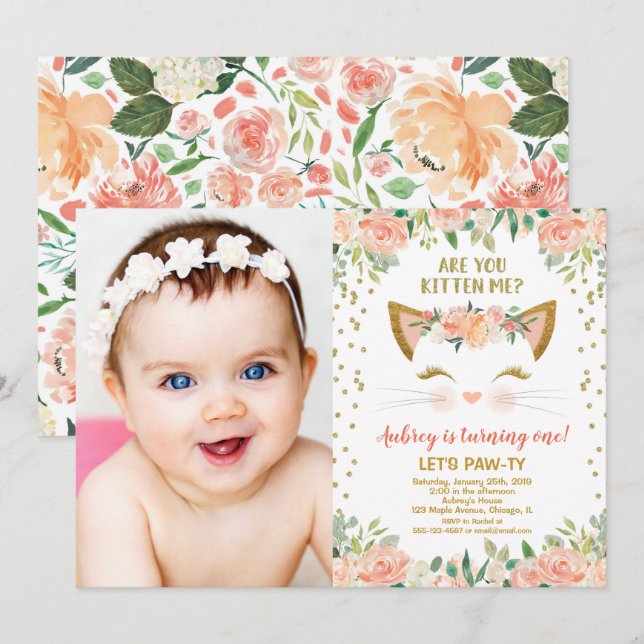 Invitación Chica de cumpleaños kitten peach cat gatito (Anverso / Reverso)
