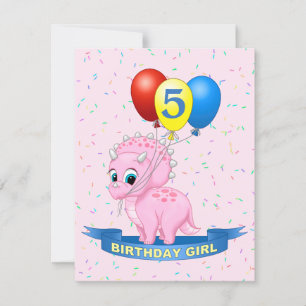 Invitación Chica de cumpleaños lindo bebé rosado Triceratops 