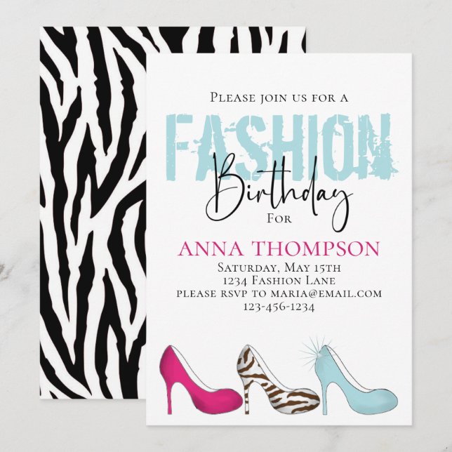 Invitación Chica de cumpleaños Moda moderna zapatos Minimalis (Anverso / Reverso)