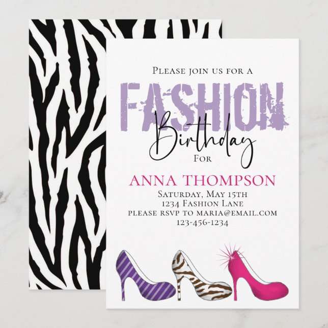 Invitación Chica de cumpleaños Moda moderna zapatos Minimalis (Anverso / Reverso)