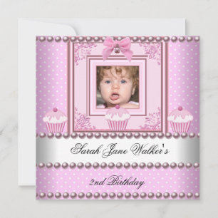 Invitación Chica de cumpleaños número 2 Cupcakes rosados Perl