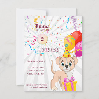 Invitación Chica de cumpleaños personalizado de Cute Puppy