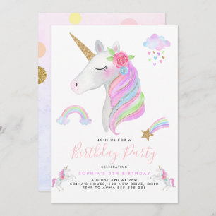 Invitación Chica de cumpleaños Rainbow Pastel de Unicorn purp