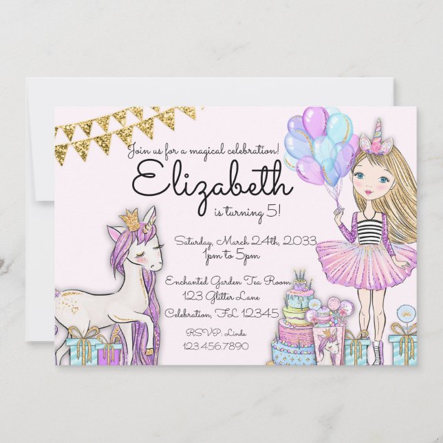 Invitación Chica de cumpleaños rosado de Unicorn purpurina (Anverso)