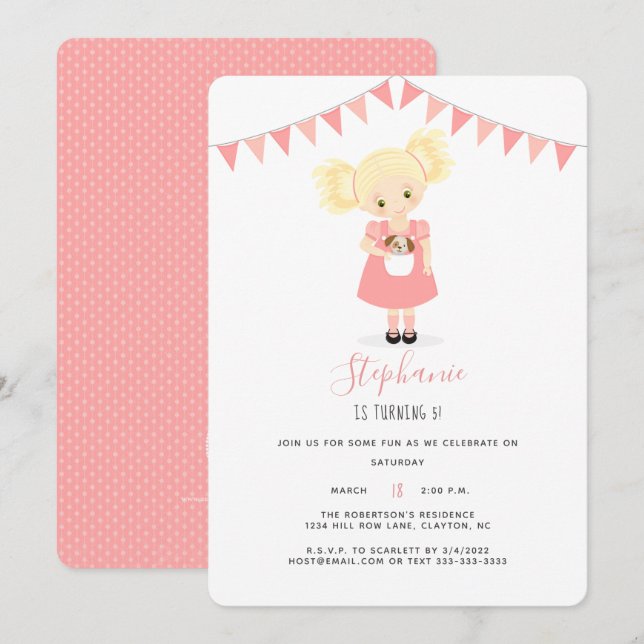 Invitación Chica de cumpleaños rubia y cachorro (Anverso / Reverso)
