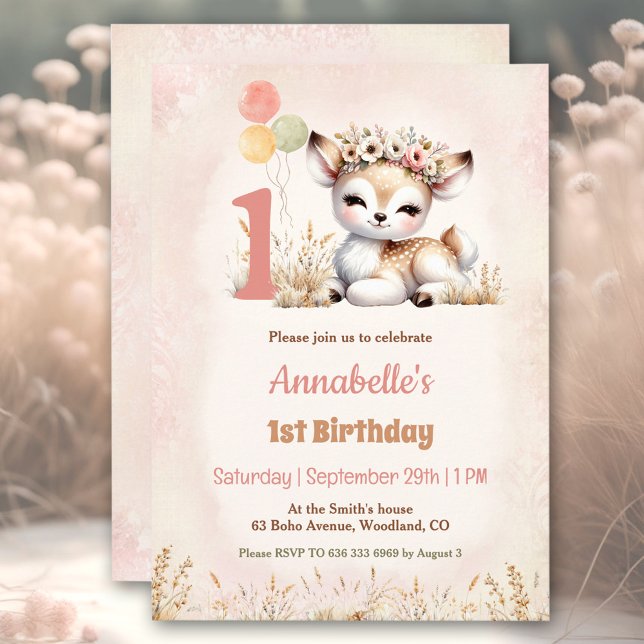 Invitación Chica de Cute Deer Woodland Boho Primer cumpleaños (Cute Deer Woodland Boho Girl 1st Birthday Invitation)