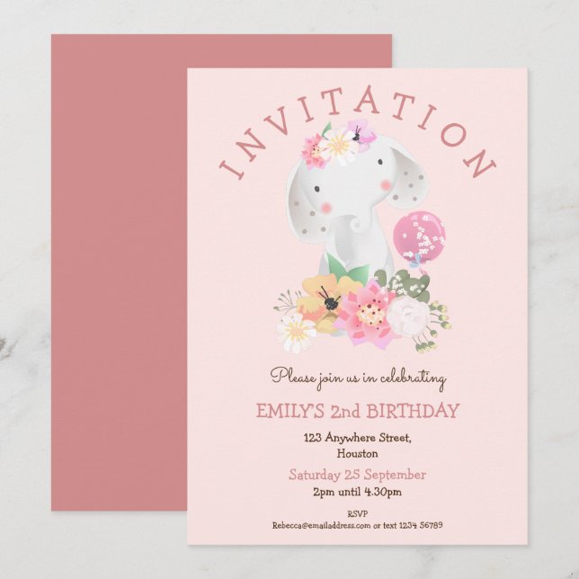 Invitación Chica de Cute Elephant Florals Fiesta Rosa de Cump (Anverso / Reverso)