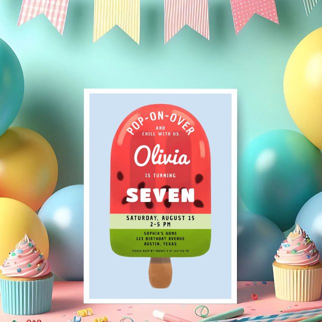 Invitación Chica de Cute Melon Popsicle 7º cumpleaños (Cute Melon Popsicle Girl 7th Birthday Invitation)