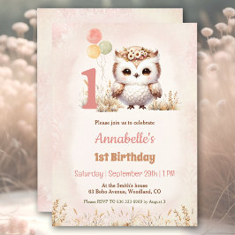 Invitación Chica de Cute Owl Woodland Boho Primer cumpleaños