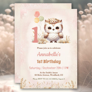 Invitación Chica de Cute Owl Woodland Boho Primer cumpleaños