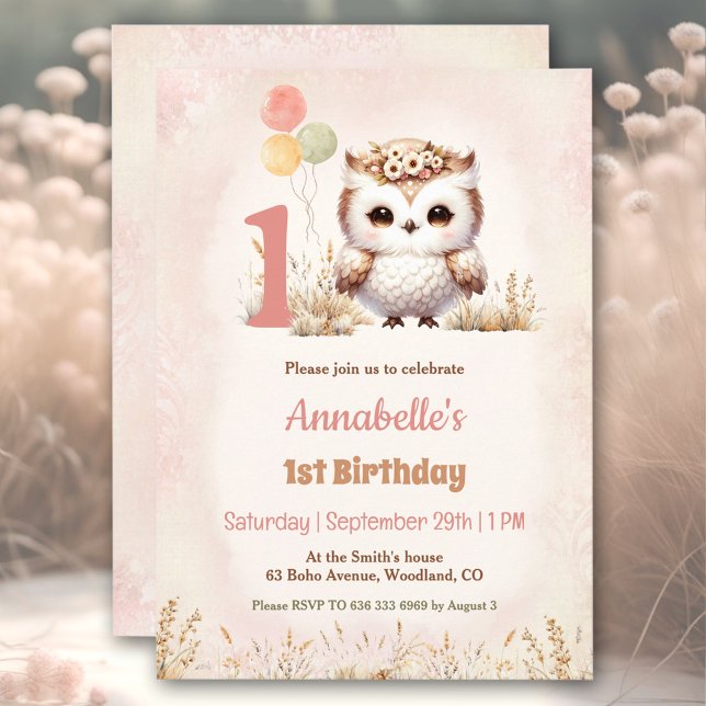 Invitación Chica de Cute Owl Woodland Boho Primer cumpleaños (Cute Owl Woodland Boho Girl 1st Birthday Invitation)