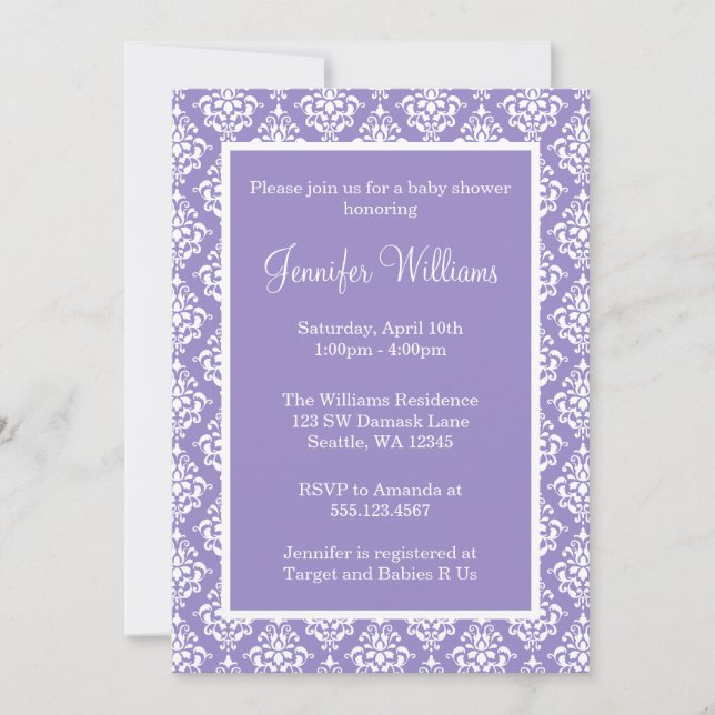 Invitación Chica de Damasco morado y blanco Baby Shower (Anverso)