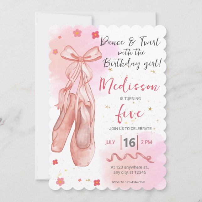 Invitación Chica de danza y tortuga rosa Editable Ballerina F (Anverso)