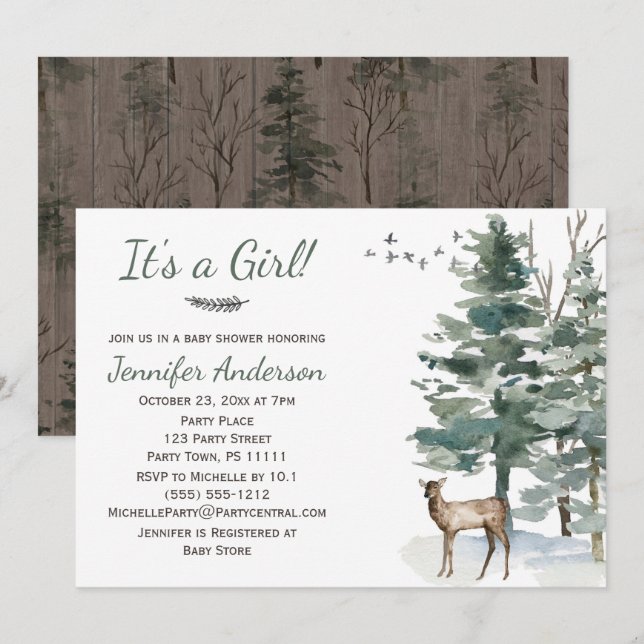 Invitación Chica de Deer Doe de Bosque Woodland Country Baby  (Anverso / Reverso)