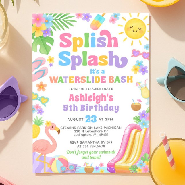 Invitación Chica de deslizamiento de agua de verano fiesta de (Summer Waterslide Girl Birthday Party Invitation
)