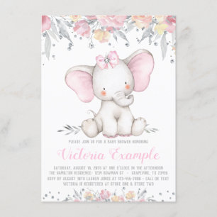 Invitación Chica de diamantes con flores en elefante Baby Sho