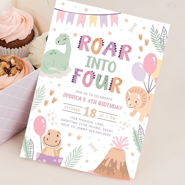 Invitación Chica de dinosaurios 4 cumpleaños Invitar a un beb (Subido por el creador)