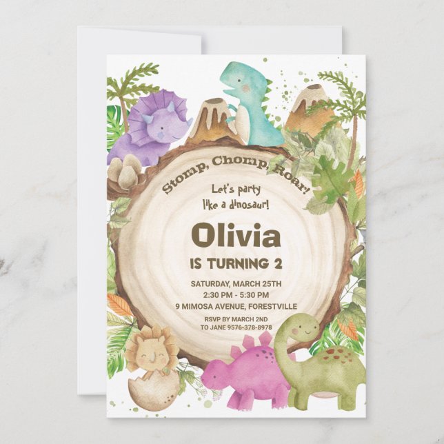 Invitación Chica de Dinosaurios Amigables Cables Primer Fiest (Anverso)