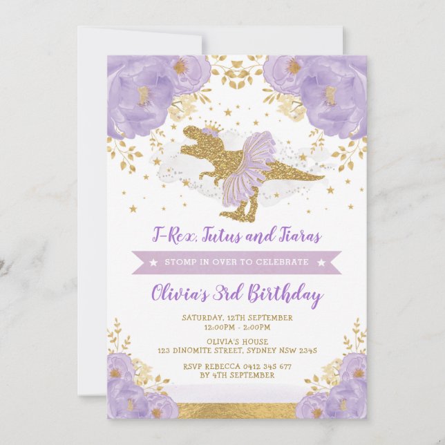 Invitación Chica de dinosaurios de oro morado (Anverso)
