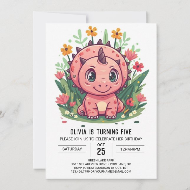 Invitación Chica de dinosaurios editable Triceratops Cumpleañ (Anverso)