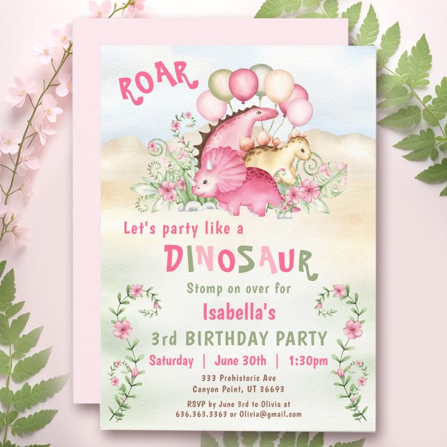 Invitación Chica de dinosaurios Pastel Rosa Cute Floral Prime (Dinosaur Girl Pink Pastel Cute Floral 1st Birthday Invitation)