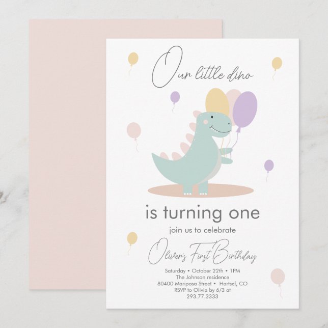 Invitación Chica de dinosaurios Pink Blue Lila Birday Party (Anverso / Reverso)
