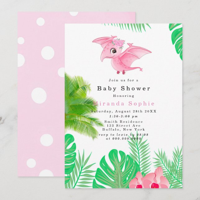 Invitación Chica de dinosaurios rosados tropicales Baby Showe (Anverso / Reverso)