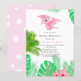 Invitación Chica de dinosaurios rosados tropicales Baby Showe