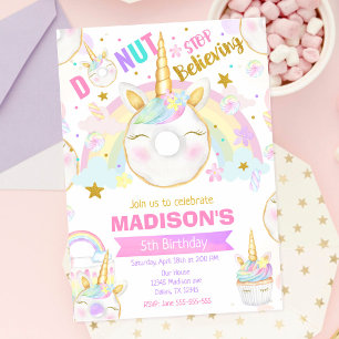 Invitación Chica de Donas Unicornio Mágico Cumpleaños Dulce F
