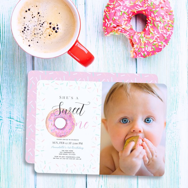 Invitación Chica de Donut Rosa Dulce Uno Foto Primer Cumpleañ (Subido por el creador)