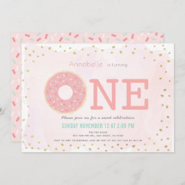 Invitación Chica de Donut Rosa y Oro Primer Cumpleaños