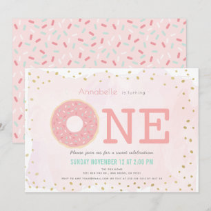 Invitación Chica de Donut Rosa y Oro Primer Cumpleaños