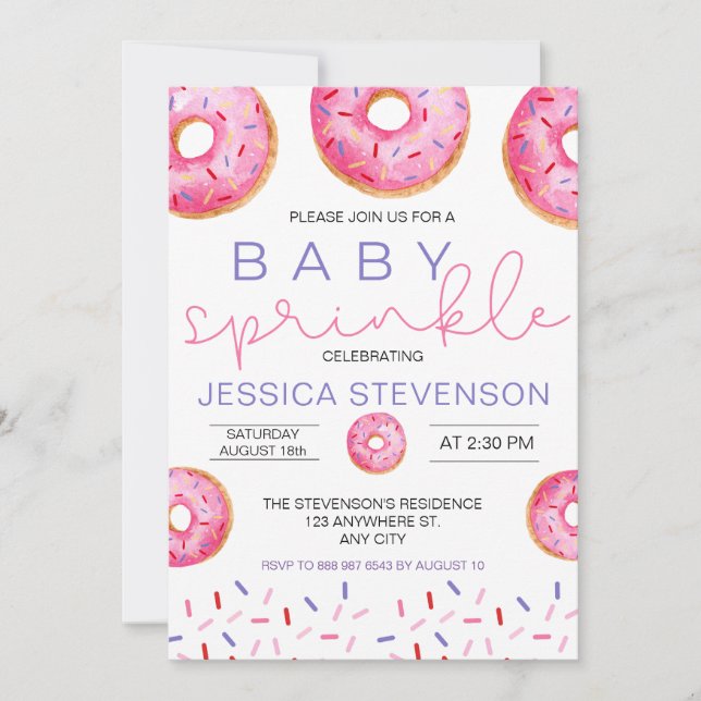 Invitación Chica de donuts de acuarela Baño de Sprinkle bebé  (Anverso)